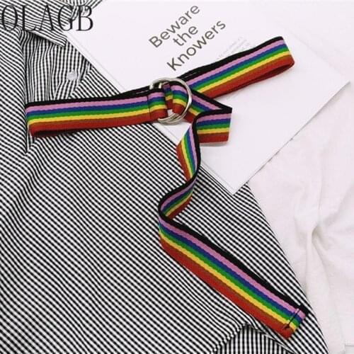 Female Colorful Women Canvas Rainbow Belt Double D Ring Buckle Trousers Jeans Long Belt Ladies Student Woven Striped Strap 264