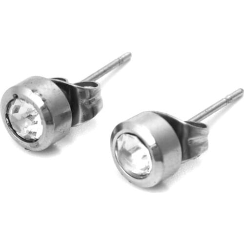 DoreenBeads 304 Stainless Steel Ear Post Stud Earrings Concise Jewelry For Men Women Silver Color Round Clear Cubic Zirconia