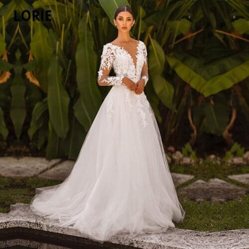 LORIE Boho Wedding Dresses Scoop Appliques Lace Long Sleeves Side Split Ivory Tulle Wedding Gown Bride Dress Suknia Slubna
