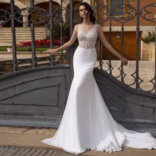 Boho Mermaid Wedding Dresses 2021 V Neck See Through Applique Back Chiffon Bride Dresses Vestido De Noiva