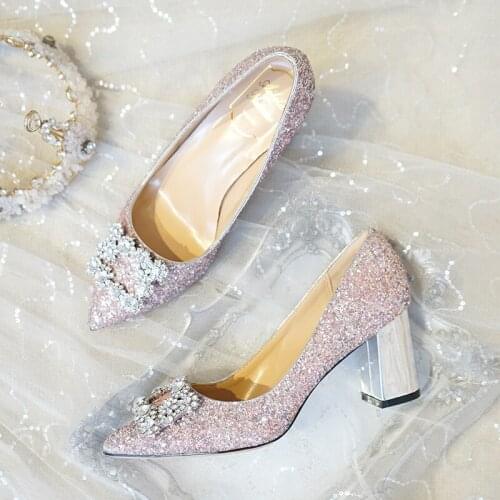 Wedding shoes 2019 new thick heels can wear pregnant women bride shoes sequins high heels wedding crystal shoes