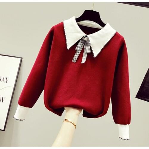 Doll collar sweater female plus size 2021 spring and autumn new Korean fashion design bow tie pullover knit bottoming shirt