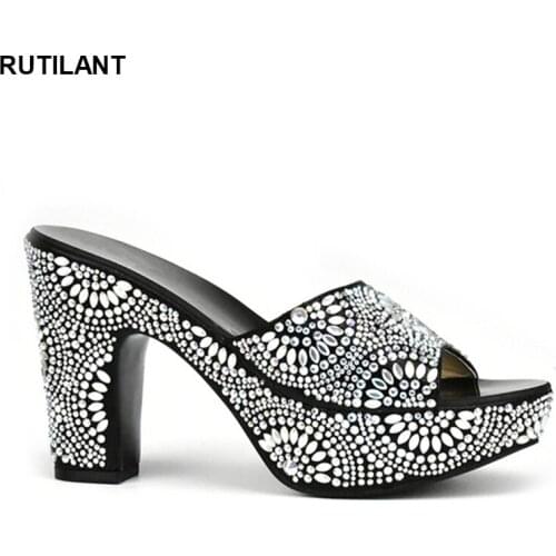 Black Italian Ladies Sexy High Heels Pumps New Arrival Colorful Rhinestones Design Ladies Pumps African Sandal Shoes for Party