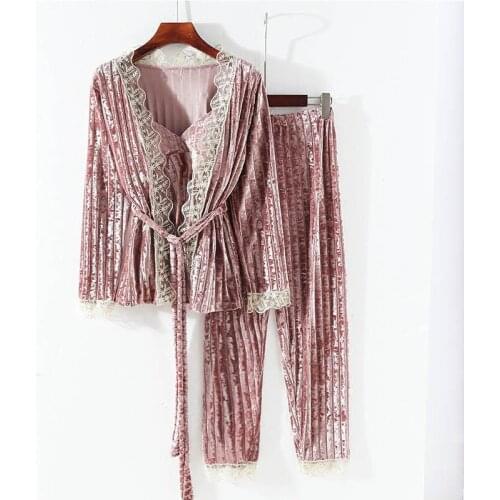 3 pieces New gold velvet pajamas for women v-neck pajamas soft sleep suit sexy lace sling home service long sleeve sleepwear