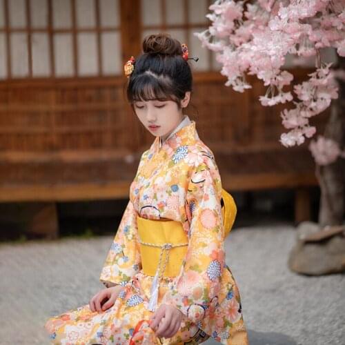 Womens Cosplay Wear Japan Traditional Summer Yukata Yellow Color Fan Lovely Fan Prints Kimono Photo Shot Clothing