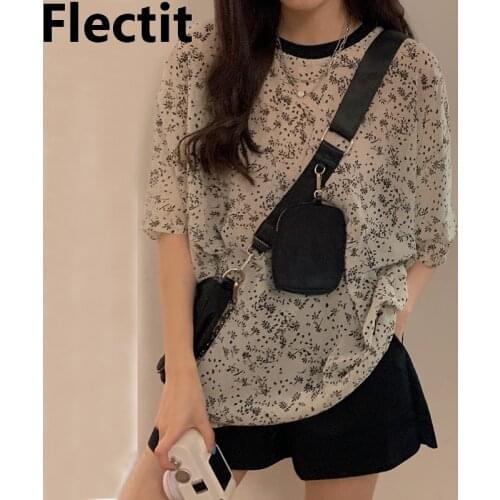Flectit Chiffon T-Shirt O-Neck Short Sleeve Floral Print Tee Summer Tops Women Student Girl Steetwear
