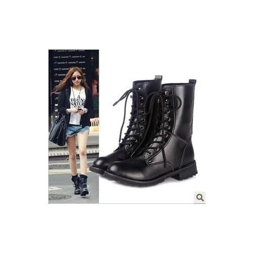 Winter Women Biker Ankle Boots PU Leather Lace Up Sewing Rubber Basic Round Toe Platform Punk Female Ladies Shoes Botas Mujer