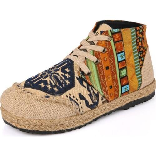 National High Top Lace-Up Canvas Flats Shoes Woman Retro Round Toe Shoes Women Embroidery Casual Martin Boots XKD8061