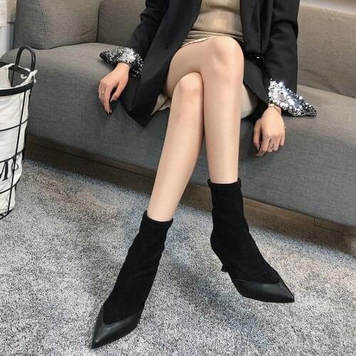 Women Black Ankle Sock Boots 2019 Fashion Stretch Boots Thin heels High Heels Pointed Toe Women Shoes Spring Autumn U15-17