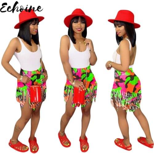 Echoine S-3XL Women Summer Solid Camo Jeans Shorts Sanded Fringed Denim Shorts Fashion Casual Straight Tassel Trousers