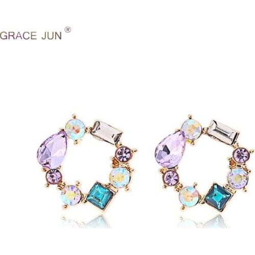 GRACE JUN Colorful Rhinestone Crystal Hollow-out Wreath Clip on Earrings and Pierced Earrings for Women Charm Jewelry Bijouterie