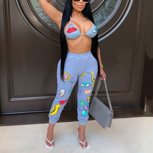 2021 New Summer Sets For Women Clothing Crop Tops & Skinny Pants Grey Printed Sexy Evening Night Club Wear Outfits Matching Sets