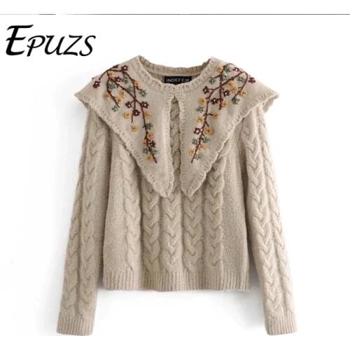 Vintage Lapel Embrpidexy Pullover Sweater Za 2020Women Beige Office Work Flaral Print Knitted Sweater Lady Casual Loose Chic Top