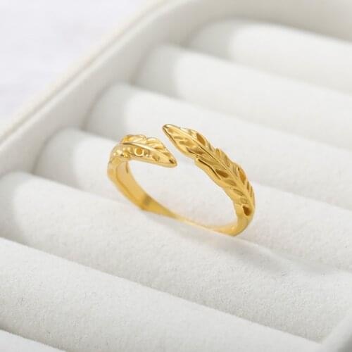 Ethnic Vintage Leaves Stainless Steel Ring Feather Opening Adjustable Ring For Women Party Elegant Accessories Jewelry Gifts