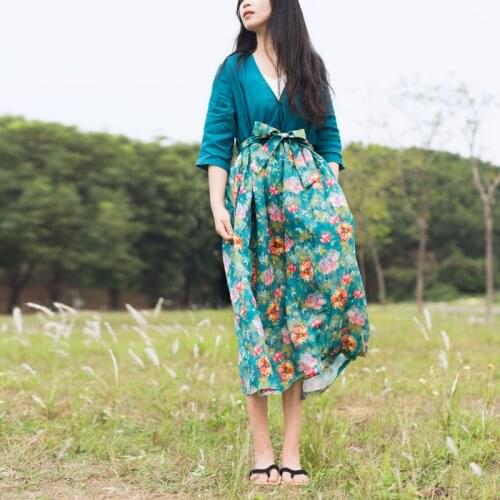 Women Summer Half Sleeve Patchwork Tencel Linen Dress Ladies Loose National Style Dress Female 2021 Dresses