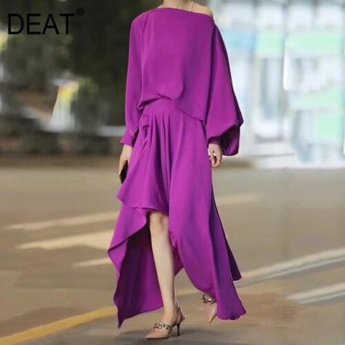 DEAT Woman Dress Lanter Sleeve Loose Asymmetrical Design Elegant Purple Solid Slash Neck Ruffled Dresses 2021 New Autumn 15HT414