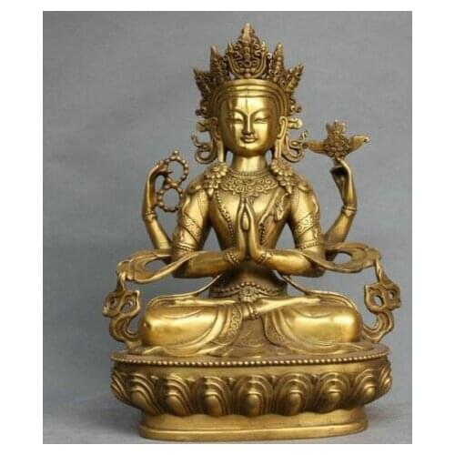 9” EXQUISITE China Tibet Bronze 4 Arms Kwan-yin Chenrizg Buddha Statue