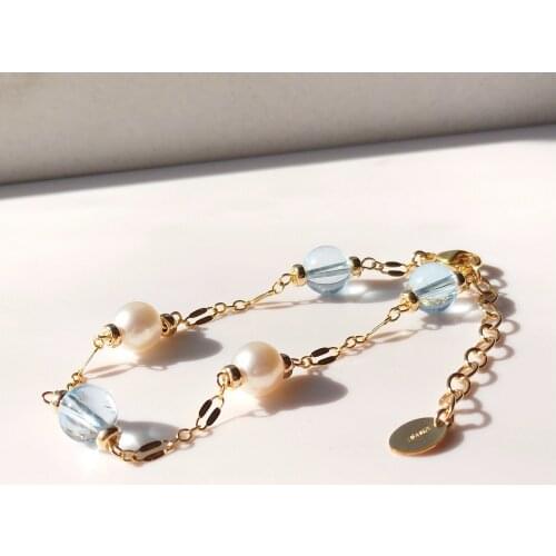 Lii Ji Blue Topaz 7mm Round Pearl 14K Gold Filled Chain Bracelet Natural Gemstone Handmade Jewelry 16+4cm For Women Gift