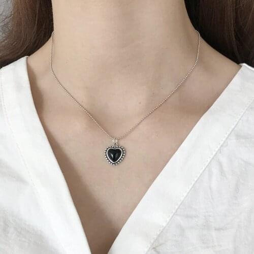 1pc Womens Authentic 925 Sterling silver Black Agate Stone Heart Love Pendant Beads Chain necklace FINE jewelry tlX112