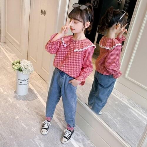 2021 Autumn Spring 4-14 Years Teenager Tracksuit Kids Long Sleeve Plaid Blouse+Jeans 2 Pieces Clothing Set Baby Girl Outfits