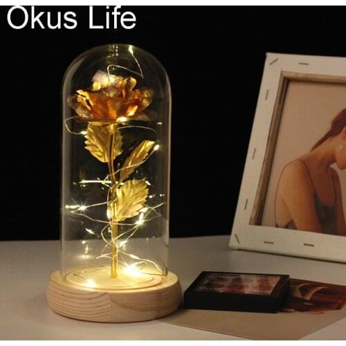 HOT Rose Beauty And The Beast Rose In Flask Gold-plated Red Rose With LED Light In Glass Dome For Wedding Party Mothers Day Gif