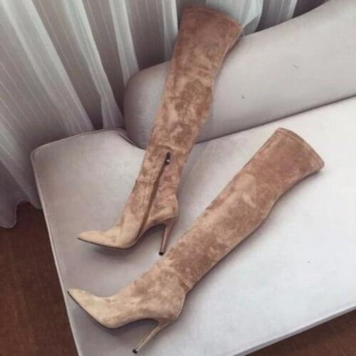 Gullick Women Winter Suede Thigh High Boots Pointed toe Over The Knee High Heel Boots Slim Fit Long Boots Women Big Size 10
