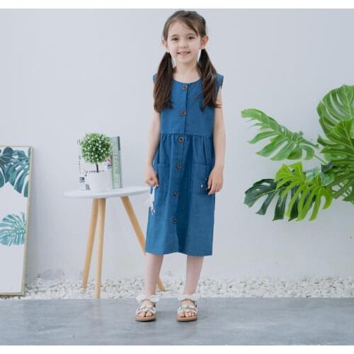 Hollead Kids Denim Dresses Girls Round Neck Unicorn Embroidery Cartoon Clothes Summer Children Soft Jeans Dresses For 2-7 Years