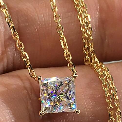 14K Yellow Gold Women Pendants Necklaces Moissanite Diamond 0.5 1 2 3 Carat Princess Square Wedding Anniversary Engagement Party