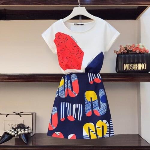 Summer 2 pieces skirts suits patchwork printed chiffon shirts blouse tops +skirts set Women two piece set