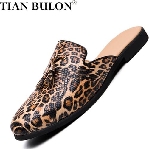 Summer Men Leather Casual Shoes Leopard Print Mens Mules Slippers Breathable Males Sandals Slip-on Half Loafers Zapatos Hombre