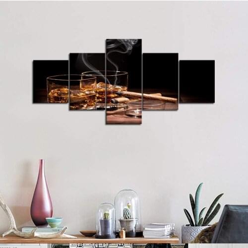 Wall Pictures for Living Room Modern Wine Paintings Whiskey with Cigar 5 Panel Posters and Prints on Canvas Drop shipping