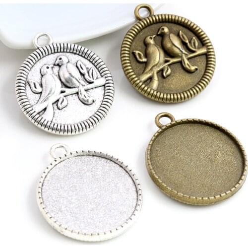 New Fashion 5pcs 25mm Inner Size Antique Silver Plated Bronze Two birds Cabochon Base Setting Charms Pendant