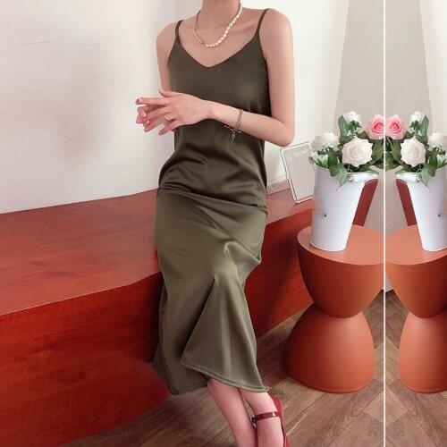 Sexy Strap Backless Satin Dress Loose Dresses Spring Summer New Sleeveless Basic Solid Color Womens Home Clothes