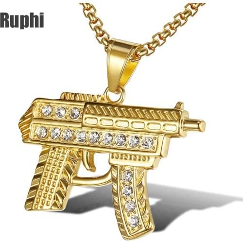 Stainless steel gold stones submachine gun Pendant Hip hop weapon Necklace jewelry