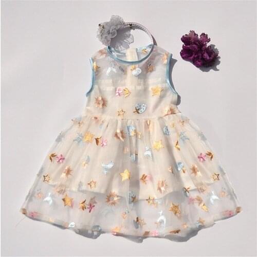 Girls O-neck Sleeveless Hollow Out 5 Stars Embroidery Casual Fashion A-line Dresses Casual Knee Length Top Dresses