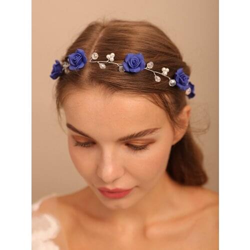 Romantic Blue Rose Headband for Bride Beads Handmade Elegant Women Headdress for hair Wedding Bridal Hair Accessories Hairband