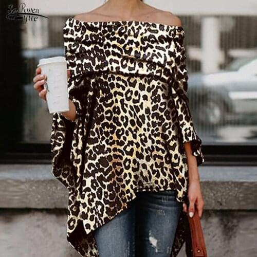 Sexy One Shoulder Loose Large Size Shirt Irregular Hem Cloak Top T-shirt Elegant Intellectual Superior Leopard Print Shirt 16787