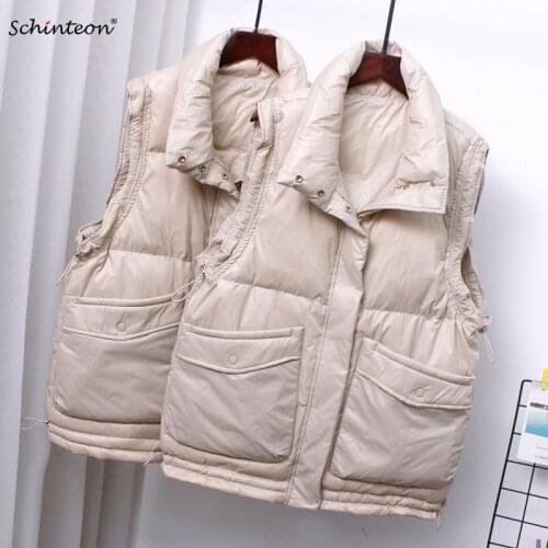 Schinteon Women White Duck Down Vest Casual Loose Over Size Light Drawstring Waistcoat Gilet Korean Style New 2021