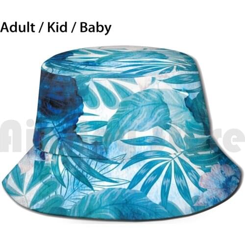 Indigo Tropical Leaves Sun Hat Foldable UV Protection Tropical Indigo Leaves Blue Leaf Nature Green Pattern Summer
