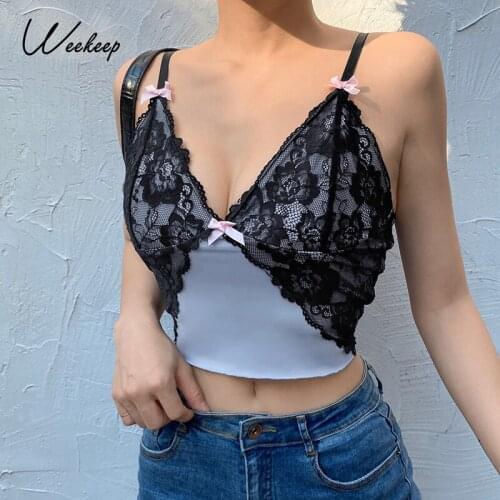 Weekeep See Through Lace Mesh Patchwork Crop Top Womens Sexy Party Backless Camisole Bow Clubwear V Neck Clothes Streetwear Y2K