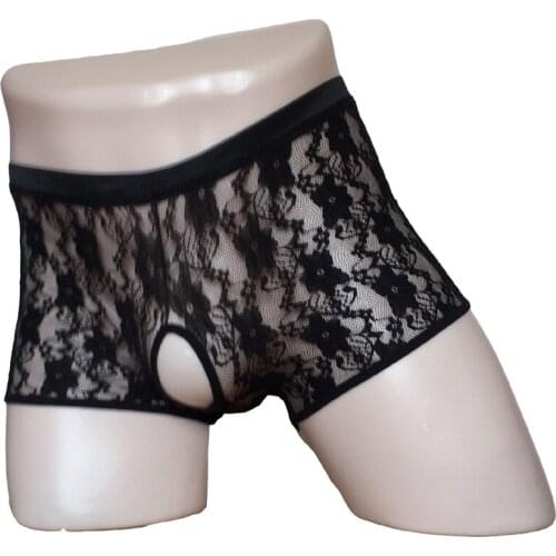 Men Sexy Tight Fit Floral Lace Open Crotch Pouch Boxer Brief Erotic Fetish Pole Dance Sissy Thong Underwear Lingerie Outfit