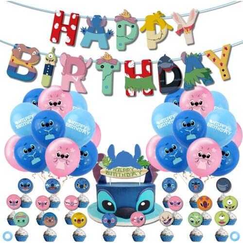 Stitch Birthday Party Balloons Cartoon Lilo Stitch Theme Cake Insert Happy Birthday Banner Globos Set Children Party Decorations
