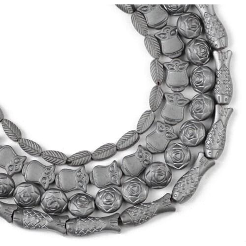YHBZRET Carving Roses Owls leaves Fish Matte Black Hematite Natural Stone Spacer Loose beads For Jewelry making bracelet DIY