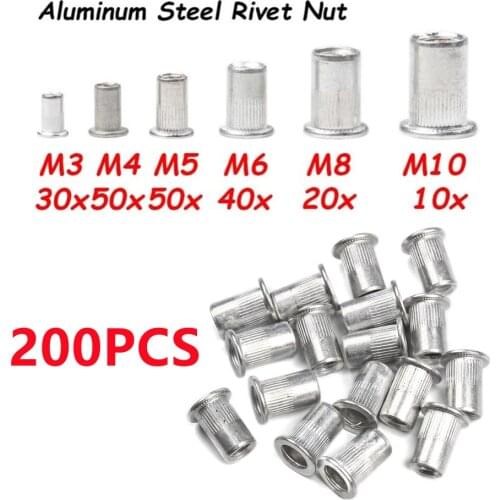 200pcs/set M3 M4 M5 M6 M8 M10 Aluminum Rivet Nuts Multi Size Insert Rivets Flat Head Rivet Nut Set Threaded Insert Nut Kit