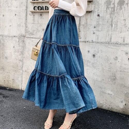 Free Shipping 2020 New Fashion Spring Summer Denim All-Match Loose Casual Jeans Elastic Waist Long Maxi Skirt For Women S-XL