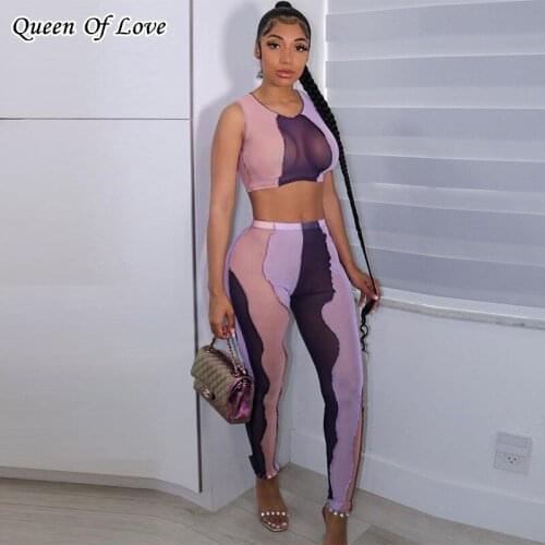 Women Matching Set Mesh See Through Sleeveless Crop Top Sheath Elastic Pant 2021 Summer 2 Piece Sets Sexy Tracksuit Outfits