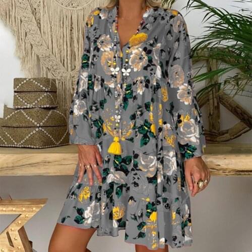 Bohemian Floral Print Summer Dress Women Sexy Ruffled Long Sleeve A-Line Dress for Women Loose V Neck Knee-Length Dress Vestidos