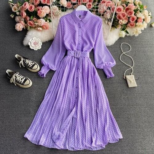 2021 Fashion Polka Dot Women Shirt Dress Elegant Long Lantern Sleeve Single-Breasted Sashes Chiffon Ladies Pleated Midi Dress