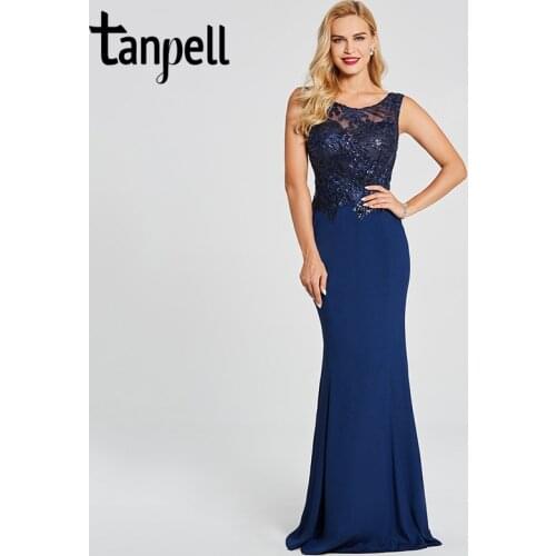 Tanpell mermaid evening dress dark royal blue scoop sleeveless floor length gown women beaded embroidery formal evening dresses