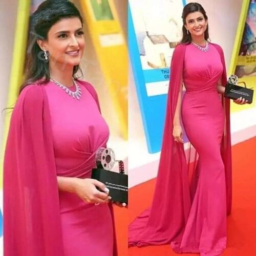 Arabic Moroccan O Neck Evening Dresses Party Elegant for Women Celebrity Dubai Caftans Fushcia Runway Fashion Prom Gowns 2020